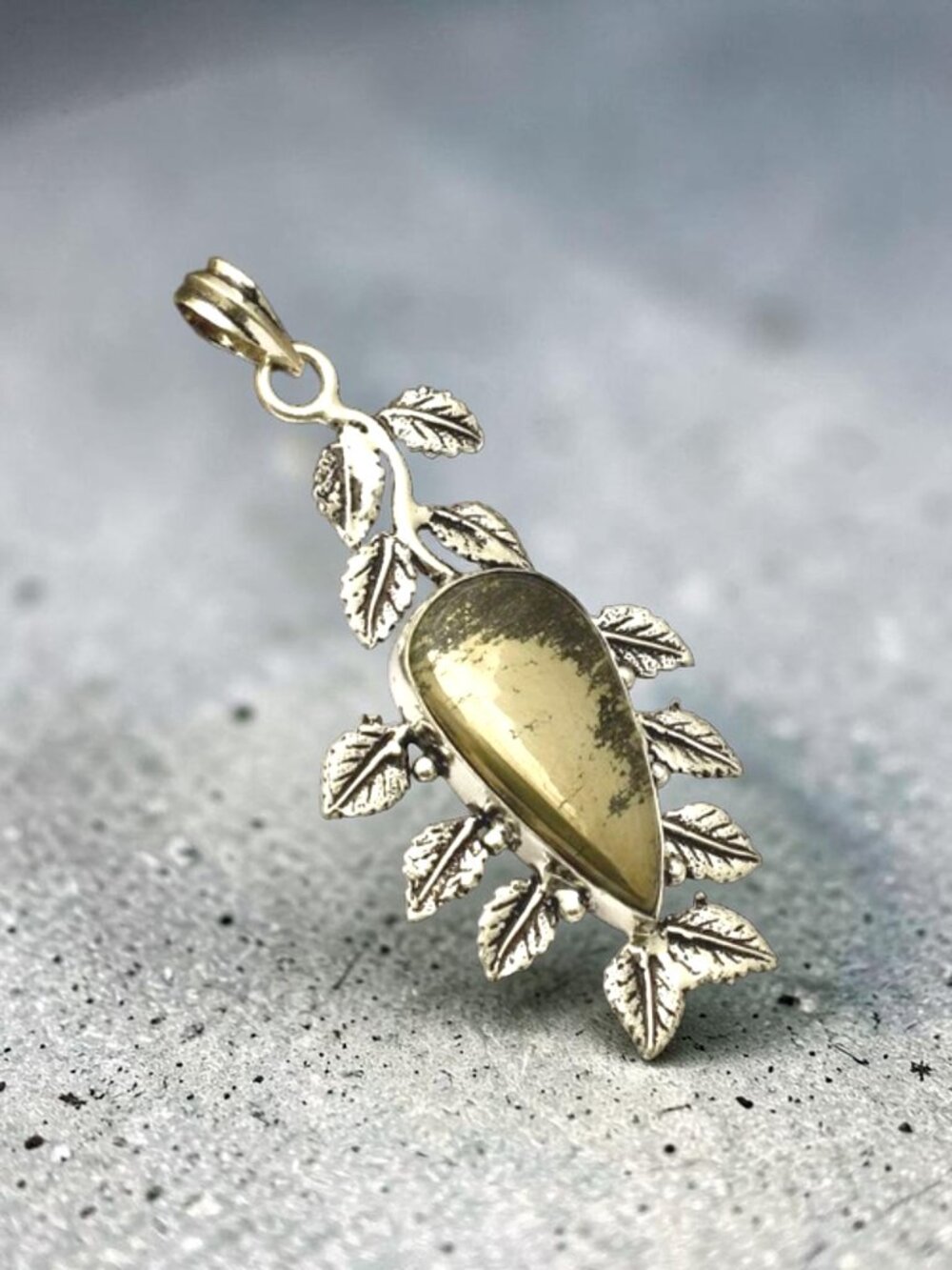 Apache Pyrite Gemstone Handmade Leaf Pendant 3"